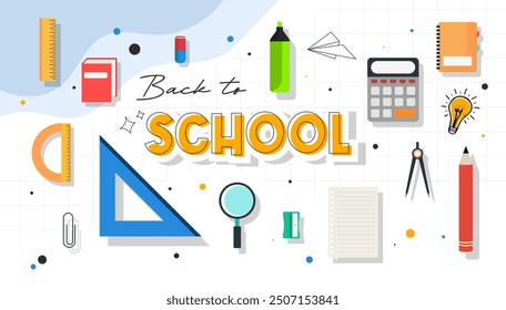 Back to school. Design concept of students returning to school. White blue yellow background design with stationery and office stationery elements. Time to go back to school. education, classroom