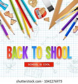 Back to school design concept with wooden sharpened pencils and stationery scattered on checkered sheet of notebook realistic vector illustration 