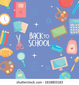 back to school design with cute related icons around over purple background, vector illustration