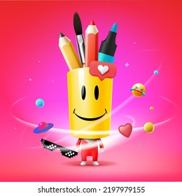 Back to School design, different pencils, supplies, markers in holder and social media icons. Vector illustration