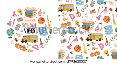 Back to school design with educational supplies and seamless pattern. Colorful school illustration with books, bus, globe and stationery. Flat vector illustration isolated on white background.