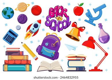 Back to school design elements, collection of popular school supplies and Back to School Lettering words. School and science vector stickers illustration.