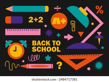 Back to school design elements on black background for design. Vector illustration in flat cartoon style. Colorful set of badges and icons for training and education, stationery, office supplies.