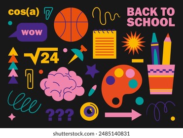 Back to school design elements on black background for design. Vector illustration in flat cartoon style. Colorful set of badges and icons for training and education, stationery, office supplies.