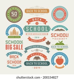 Back to school design elements sale labels and badges set vector illustration. Retro typographic decoration objects and symbols.