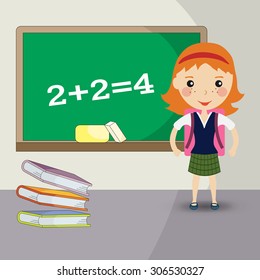 Back to school design. a girl student stands in front of the blackboard - Vector illustration