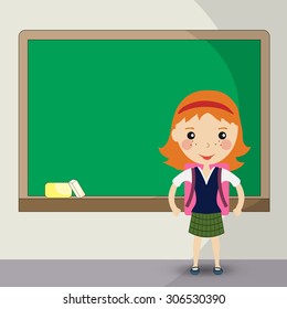 Back to school design. a girl student stands in front of the blackboard - Vector illustration