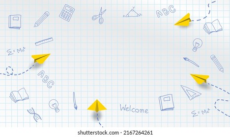 Back to school. design with hand drawn on notebook paper. light and shadows. Vector.