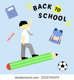 back to school design with male student riding big pencil and school supplies illustration