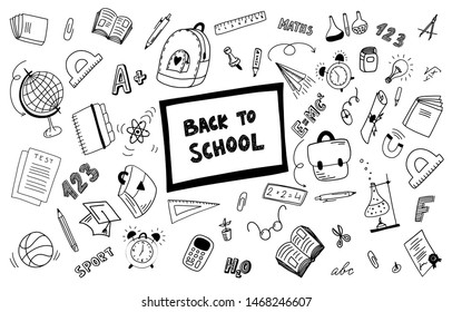 Back to school design on white background. Education learning knowledge study class and lesson theme. Doodle style vector illustration.