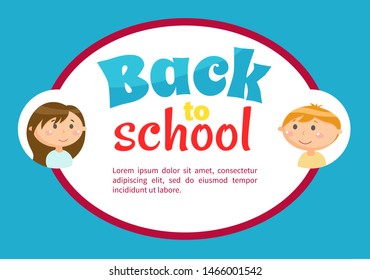 Back to school design of page decorated by heads of boy and girl in round icon. Education blue board with stickers of children, study time vector. Back to school concept. Flat cartoon