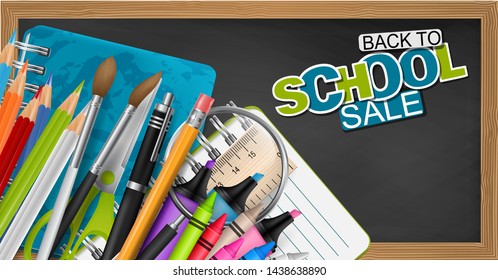 Back to school design page with textured blackboard and education supplies - copybooks, ring binder, pencil with eraser, magnifier, ruler, crayons, highlighters. Realistic vector illustration.
