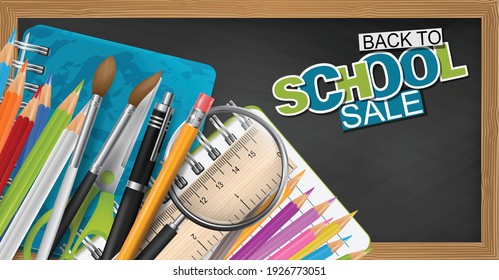 Back to school design page with textured blackboard and education supplies - copybooks, ring binder, pencil with eraser, magnifier, ruler, crayons, highlighters. Realistic vector illustration.