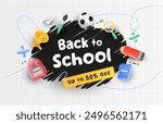 Back to school design with paint brush effect. 3d school concept elements. Vector illustration template for banner, website and promotion.