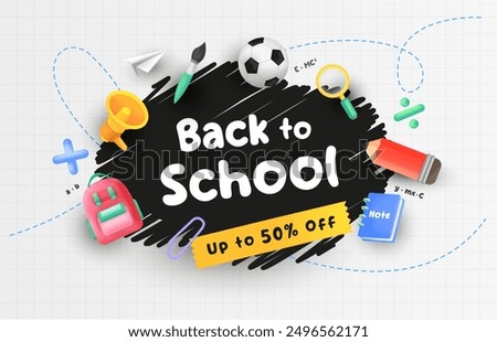 Back to school design with paint brush effect. 3d school concept elements. Vector illustration template for banner, website and promotion.