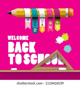 Back to School Design with Pencil, Infographic Elements, Ruler and Splashes on Pink Background