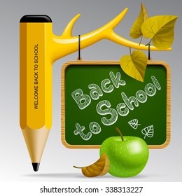 Back to school design with pencil as tree, apple and blackboard. Education design. Vector illustration