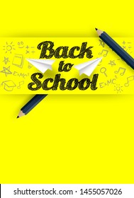Back to school. design with pencils and drawing on yellow paper background. Vector.