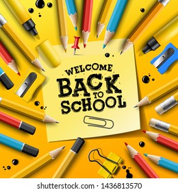 Back to school design with pencils and sticky notes on yellow background. Vector illustration with post it, red pin, supplies and hand lettering for greeting card, banner, flyer, invitation