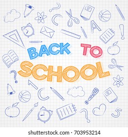 Back to school - design of poster with cute doodles. Vector.