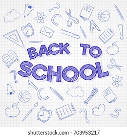 Back to school - design of poster with cute doodles. Vector.