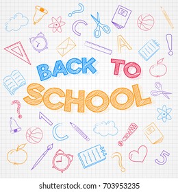 Back to school - design of poster with cute doodles. Vector.