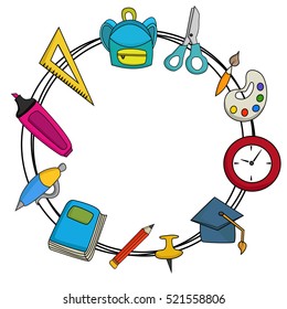 Back to school design set.  Cartoon frame border hand draw doodle vector illustration.