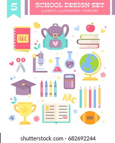 Back to school design set of cartoon education items in flat style isolated on white background