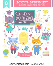 Back to school design set with cute cartoon animals characters and study items for kids