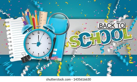 Back to school design with study supplies and falling celebration confetti and colorful ringlets. Stylish typography text sign. vector illustration.