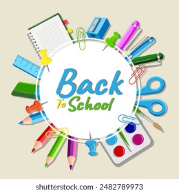 Back to School. Design with School Supplies and Modern font on brown Background. Vector Illustration Concept Banner Education with Pen, Pencil, Ruler, Notepad, Paperclip, Paint, Brush, Sharpener.