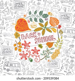 Back to school design template with autumn leaves.Pattern.ornament,background.Teachers day.Hand drawn doodle vector