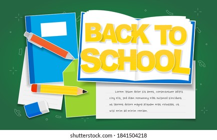 Back to school design template with school elements and place for text, vector illustration