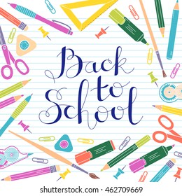 Back to school design template. Frame of stationery goods. Vector illustration.