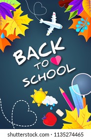 Back to School Design Template with School Supplies and colorful Leaves. Paper Art. Vector illustration