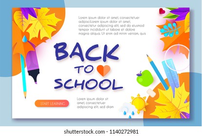 Back to School Design Template with School Supplies and colorful Leaves. Paper Art. Vector illustration