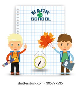 Back to school design. two boys - student and clock show the time to go to school - Vector illustration