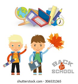 Back to school design. Vector illustration two schoolboys with satchels and school subjects