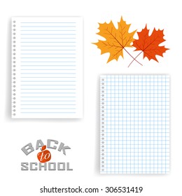 Back to school design. Vector illustration the sheet of paper in the box and a ruler, logo and maple leaves
