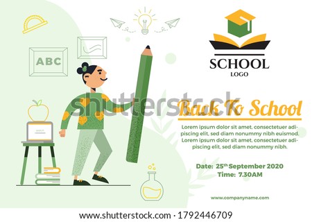 Back to school design-Child holding a big pen-education elements-green and white color background-school logo-description-date and time-contact details