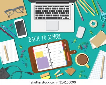 Back to school desktop composition. Vector illustration. 