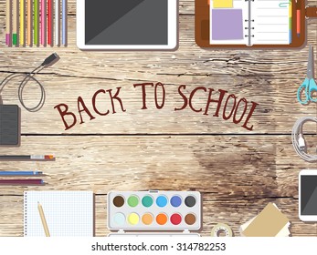 Back to school desktop composition. Vector illustration. 