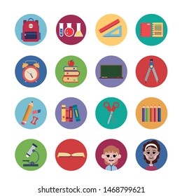 Back to school different items icons with girl and teacher.