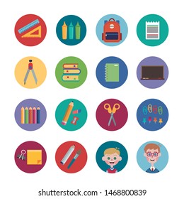 Back to school different items icons with boy and teacher.