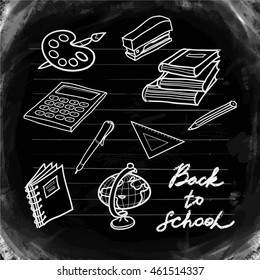 Back to School.  Different school objects. Doodles concept of notebooks and school supplies. Isolated vector illustration. Set for flyers, congratulation or Invitation Card .