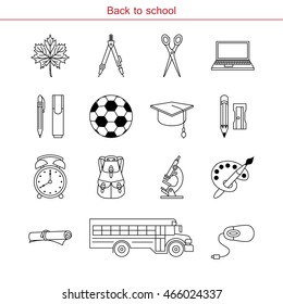 Back to School. Different school objects and  supplies. Isolated vector illustration. Set for flyers, congratulation or Invitation Card .