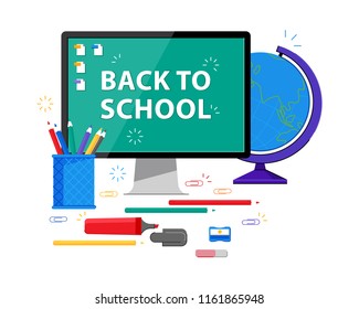 Back to school. Different school supplies in the original style. Stationery: globe, textbooks, pencils, paper clips, marker and computer.