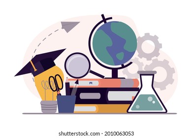 Back to school. Different university and school elements. Collection education equipment. Concept of studying. E-learning and online education. School supplies theme. Trendy flat vector illustration