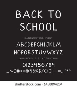 Back to school digital chalk font. Study white type alphabet with numbers and punctuation isolated on the black background. Education typography letters. 