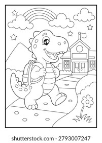 Back to School Dinosaur with Backpack Coloring Sheet for Children. Simple Cartoon Animal Line Art for Kids and Adults.